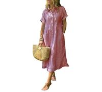 zoocco Women's Boho Striped Shirt Dress Button Up Loose High Waistline Mid Long Dress with Pockets for Early Fall Stroll (Red,M)