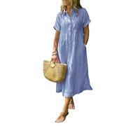 zoocco Women's Boho Striped Shirt Dress Button Up Loose High Waistline Mid Long Dress with Pockets for Early Fall Stroll (Blue,TTG)