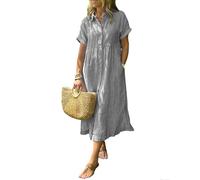 zoocco Women's Boho Striped Shirt Dress Button Up Loose High Waistline Mid Long Dress with Pockets for Early Fall Stroll (Gray,3TG)
