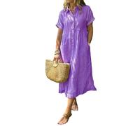 zoocco Women's Boho Striped Shirt Dress Button Up Loose High Waistline Mid Long Dress with Pockets for Early Fall Stroll (Purple,3TG)