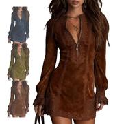 zoocco Women's Vintage Floral Print Faux Suede Mini Dress Long, Womens Embroidery Dress V-Neck Zip-Up Lace Trim Long Sleeve Suede Dresses for Women 2025 (Brown,M)