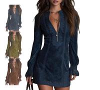 zoocco Women's Vintage Floral Print Faux Suede Mini Dress Long, Womens Embroidery Dress V-Neck Zip-Up Lace Trim Long Sleeve Suede Dresses for Women 2025 (Dark Blue,S)