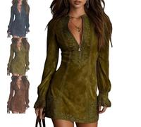 zoocco Women's Vintage Floral Print Faux Suede Mini Dress Long, Womens Embroidery Dress V-Neck Zip-Up Lace Trim Long Sleeve Suede Dresses for Women 2025 (Green,TG)