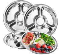 ZOOFOX Lot de 4 assiettes à dîner divisées en acier inoxydable avec 5 sections, plateau de service rond, plateau de café, plats de camping, 27,9 cm