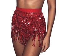 Zookey Rouge Jupe à Pampilles à Sequins Écharpe de Hanche de Danse du Ventre Costume Rave Jupe à Franges Rave pour Les Femmes et Les Filles (Size:M)