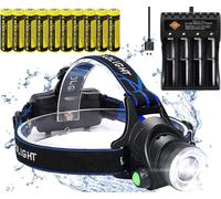 Zoom Head Torch, Usb Rechargeable Led Headlamp, 10 Rechargeable Batteries, Usb Charger, Waterproof, Suitable For Outdoor Running, Camping, Hiking And Fishing