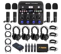 Zoom PodTrak P4next Ensemble enregistreur de baladodiffusion multipiste portable avec 4 packs de micros Zoom ZDM-1, casque fermé ZHP-1, pieds de micro de table, câbles XLR, pare-brise en mousse et