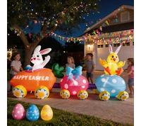 ZOOMATOOE Train gonflable de lapin de Pâques de 2,8 m de long avec œufs colorés et carottes, famille de lapins gonflables géants avec LED intégrées, décoration extérieure pour jardin, pelouse, fête de