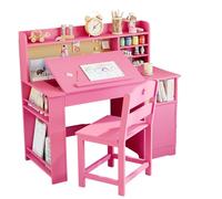 ZoomBuggy Bureau pour Enfant avec Chaise Ergonomique, Étagères et Plateau Inclinable, Table d’Étude en Bois, Ensemble Table et Chaise, pour Enfants 3 à 8 Ans, Rose