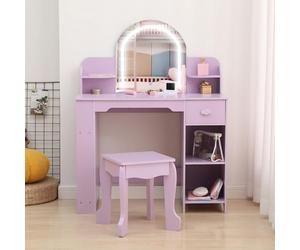 ZoomBuggy Coiffeuse pour Enfant avec Miroir LED 3 Couleurs - Table De Maquillage Enfant avec Tabouret Assorti, MDF Robuste Bords Arrondis, Cadeau pour Fille 3-9 Ans, Idéale Chambre/Salle De Jeux