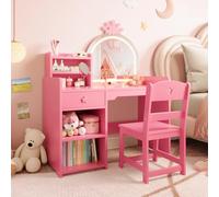ZoomBuggy Coiffeuse Princesse 2-en-1 avec Miroir LED - Table Maquillage Enfant avec Chaise, Étagères Et Armoire, Idéale pour Chambre Ou Salle De Jeux (Rose)