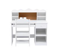 ZoomBuggy Ensemble Bureau Et Chaise Enfant en Bois MDF Blanc, Pupitre Évolutif Réglable avec Tableau Liège, Tiroir Clavier, Rangement & Porte-Stylo, Sécurisé pour Garçons Et Filles 3-12 Ans