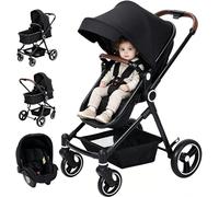 ZoomBuggy Poussette 3 en 1, Kit complet avec nacelle pour bébé -Siège sport & nacelle de voiture - Kit poussette jusqu'à 26kg avec position allongée réglable - Grande capote extensible - Noir