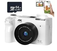 Zoomix Digital Camera, Zoomix Digital Camera 75mp 4K HD Video, 3.0" Screen Ultra HD Sensor & Smart Focus,18X Digital Zoom, Adjustable Smart Flash (White+64GB)