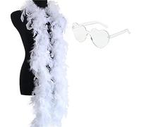 ZOOMPIL Boa Plume Blanc, Boa en Plumes pour Femme, avec Lunettes Coeur, pour Fête Moderne, Fête de Mariage, Cosplay, Décoration de Costume d'halloween