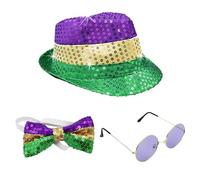 ZOOMPIL Chapeau à Paillettes, Chapeau Disco à Paillettes, Comprend des Lunettes de Soleil Hippie Rondes, un Noeud Papillon avec Paillettes, 3pcs Accessoire coiffe casquette pour fête à thème carnaval