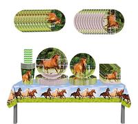 ZOOMPIL Cheval Party Vaisselle d'Anniversaire, 70pcs Ensemble Vaisselle Anniversaire, Chevaux Assiette Papier Tasse Serviette Nappe Paille pour Cheval Decoration Anniversaire (8 Invités)