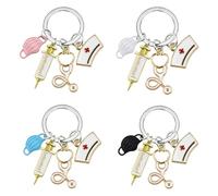 ZOOMPIL Infirmière Porte Clés, 4pcs Médecin Infirmière Porte Cle avec Seringue Bonnet et Stéthoscope, Cadeau pour Les Amis Ou Les Infirmières Médicales