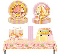 ZOOMPIL Lot de Vaisselle Two Groovy pour 8 Invités, Assiettes, Gobelets, Serviettes, Pailles et Nappe Bohème Hippie Arc-en-Ciel, Décorations pour Anniversaire de Fête, Nettoyage Facile