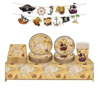 ZOOMPIL Pirate Vaisselle K'anniversaire, 52Pcs Vaisselle Thème Pirate, avec Anniversaire Nappe Assiette Tasse Serviette Papier, Fête d'anniversaire Fournitures, pour 10 Invités