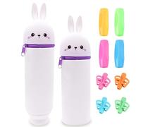 ZOOMPIL Trousse en Silicone Kawaii Lapin, Trousse Ecole 2 en1 en Silicone Souple, avec 8 Pièces Guide Doigts Ecriture Enfant, Étui à Crayons Rétractable pour Garçons Filles Etudiants