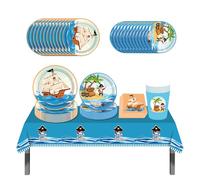 ZOOMPIL Vaisselle Thème Pirate, 45Pcs Vaisselle Pirate Anniversaire, avec Anniversaire Nappe Assiette Tasse Serviette Papier, Fête Fournitures, pour 8 Invités