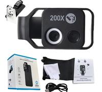Zoomzip, Nanozoom 200x Magnification Zoom, Phone Microscope with Cpl Lens/LED Light and Universal Clip, for Cell Smartphone (Black+White) (Black)