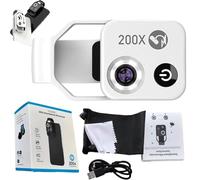 Zoomzip, Nanozoom 200x Magnification Zoom, Phone Microscope with Cpl Lens/LED Light and Universal Clip, for Cell Smartphone (Black+White) (White)