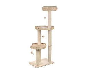 zooplus Natural Home III Arbre à chat, avec de généreux espaces de couchage en jacinthe d'eau, socle en bois véritable non traité, trois figurines en peluche, hauteur : 154 cm