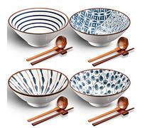 Zopeal Lot de 4 grands bols à ramen japonais en céramique de 1,18 l avec baguettes, cuillères et supports pour soupe asiatique Udon Soba Pho nouilles asiatiques soupe, salade, pâtes