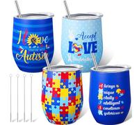 Zopeal Lot de 4 tasses à café colorées pour sensibilisation à l'autisme - Cadeaux pour homme et femme - Accepter l'amour et comprendre - Gobelets à vin de 355 ml avec pailles, couvercles et brosses