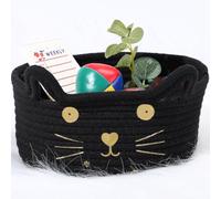 Zopeal - Panier de rangement tissé décoratif en forme de chat avec oreilles - Panier mignon en corde de coton pour animaux de compagnie, cadeau, jouets, chambre d'enfant - 21 x 12 cm - Noir