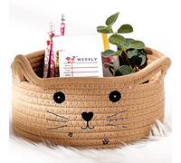 Zopeal - Panier de rangement tissé décoratif en forme de chat avec oreilles - Panier mignon en corde de coton pour animaux de compagnie, cadeau, jouets, chambre d'enfant - 21 x 12 cm - Kaki