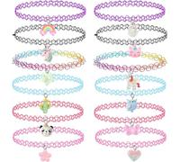 ZOPJUMA 12 Pièces Tour de cou Collier pour enfants adolescents filles femmes, pendentif breloque licorne arc-en-ciel panda chat cœur fleur sirène tour de cou tatouage henné élastique