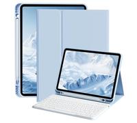 ZOPSGYU Étui avec clavier pour iPad Air 11" M3 2025/M2 2024, Air 5e/4e génération 10,9" avec porte-crayon, coque folio antichoc avec clavier Bluetooth magnétique amovible, bleu ciel
