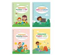 ZoraYorce Lot de 4 cahiers d'exercices d'écriture réutilisables Magic Grooved pour enfants