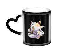 ZORIN Tasse à café en céramique avec motif ciel étoilé - Changement de couleur - Kawaii Anime - Chat mangeant des ramen - Tasse à lait magique - Cadeau d'anniversaire pour homme et femme (noir)