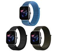 ZoRoll 3 Pack 20mm Bracelet Nylon pour Amazfit Active 2/Active/GTS 4/GTS 4 Mini/GTR Mini/Bip 3 Pro/GTS 3/GTS 2e, Souple Élastique Bracelet pour Amazfit GTR 42mm - Noir+Armée Verte+Bleu