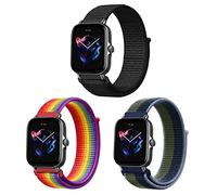 ZoRoll 3 Pack 20mm Bracelet Nylon pour Amazfit Active 2/Active/GTS 4/GTS 4 Mini/GTR Mini/Bip 3 Pro/GTS 3/GTS 2e, Souple Élastique Bracelet pour Amazfit GTR 42mm - Noir+Arc-en-Ciel+Bleu&Vert