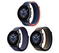 ZoRoll 3 Pack 22mm Bracelet Nylon pour Amazfit Bip 5/Balance/Cheetah/Cheetah Pro/GTR 3 Pro/GTR 3/GTR 2e/GTR 2, Souple Élastique Bracelet pour Amazfit GTR 47mm - Noir&Arc-en-Ciel+Bleu+Violet