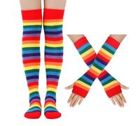 ZORVYN 1 Pcs Arc en Cie Hautes Femme, Manchette Bras Femme, Cuisse Chaussettes, Chaussettes Rayures, Chaussette Haute Fille, Gants Longs Femme, pour Femmes Filles Fête Cosplay Carnaval