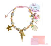 ZORVYN 1 Pcs Cadeau Fée des Dents Fille, Carte Postale Fée des Dents Bracelet Perles Armband Dent de Lait Surprise, Bracelets pour Baptême Anniversaire Noël (doré)