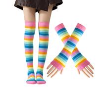 ZORVYN 1 Set Arc en Cie Chaussettes Hautes Femme, Manchette Bras Femme, Cuisse Chaussettes, Chaussettes Rayures, Gants Longs Femme, pour Filles et Femmes pour Fête Cosplay Carnaval