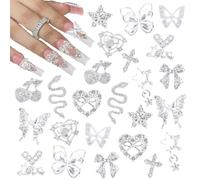 ZORVYN 24 pièces accessoires nail art, alliage Y2K, décoration ongles, strass ongles, formes cœur, papillon, croix, serpent, bijoux ongles scintillants (argenté)