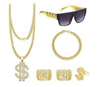 ZORVYN 6 Pièces Costume de Proxénète, Costume Hip-Hop Années 80 90, Déguisement Rappeur, Hip Hop Chaîne en Gangster Gang Lunettes de Soleil Chaîne, pour Carnaval et Fête à Thème, Concerts de Rap