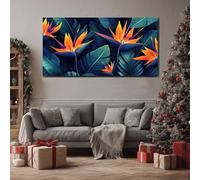 ZORYAN Feuilles Tropicales Toile Decoration Murale Tableau Moderne pour Salon Oiseau de Paradis Affiche Artistique Poster Palmier de la Jungle Chambre et Bureau Cadre en Bois 70x140 cm