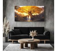 ZORYAN Grand Tableau Mural XXL Fantastique Arbre Toile Imprimée pour la Decoration du Salon Médiéval Château Poster Moderne Doré Cascade Photo Artistique Sans Cadre 80x160 cm