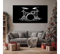 ZORYAN Grand Tableau Mural XXL Musique Instrument Toile Imprimée pour la Decoration du Salon Rock & Roll Batterie Poster Moderne Noir et blanc Disque Vinyle Photo Artistique Cadre en Bois 80x120 cm