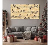 ZORYAN Grand Tableau Mural XXL Musique Partitions Toile Imprimée pour la Decoration du Salon Rétro Branche de Houx Poster Moderne Classique Note de Musique Photo Artistique Cadre en Bois 80x120 cm