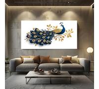 ZORYAN Grand Tableau pour Salon Contemporain Paon Decoration Murale Moderne Design Feuille Impression sur Toile, Cadre Decoratif pour Chambre Bureau Or Oiseau Art Mural 60x120 cm